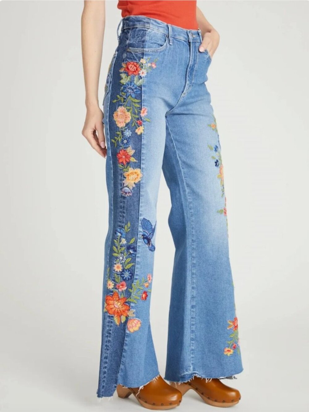 Driftwood Blue Birds Embroidered Wide Leg Jeans Size 28 NWT | Sold Out | $249